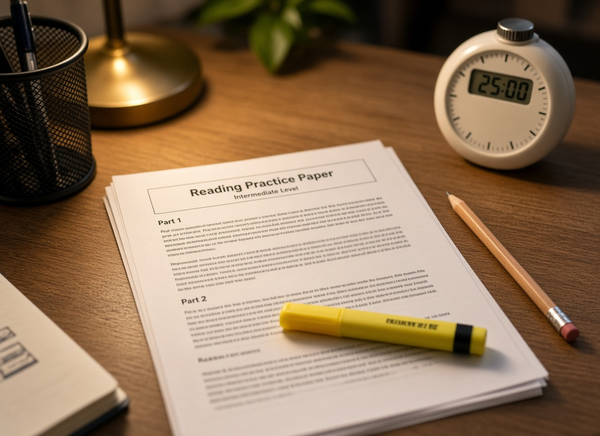 Exam-style reading papers on a Talk Bench desk